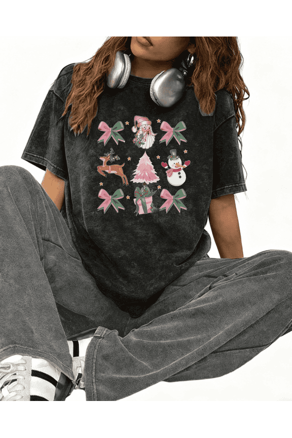 Women's Christmas Elements Washed Pink Printed Graphic T Shirt Comfort cotton Black S-2XL Plus Size