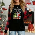 thumbnail image 1 of Women's Christmas Candy Cane & Bow Print Long Sleeve Top - Black Red Plaid Crewneck Casual Shirt, 1 of 4