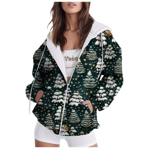 Women's Christmas Fashion Graphic Zip-Up Hoodie Festival Oversized Long Sleeve Sweatshirt Jacket with Pockets(M-3XL)