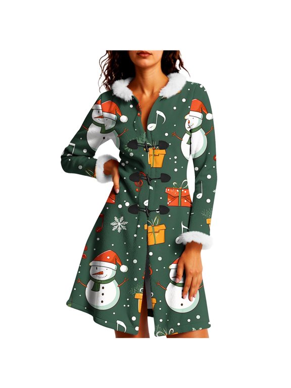Women's Christmas Flannel Jacket - Furry Trim Hooded Toggle Button Holiday Cloak, Retro Festive Xmas Dress Coat