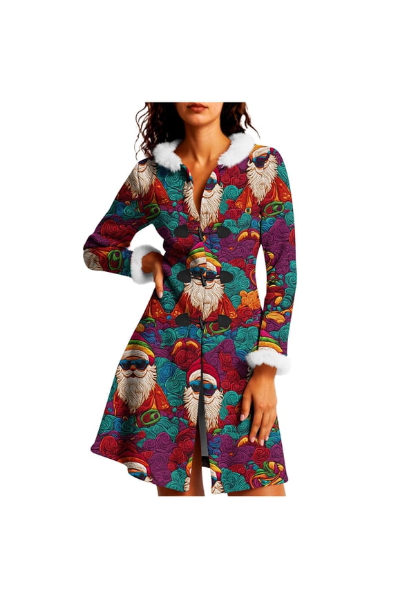 Women's Christmas Flannel Jacket - Furry Trim Hooded Toggle Button Holiday Cloak, Retro Festive Xmas Dress Coat