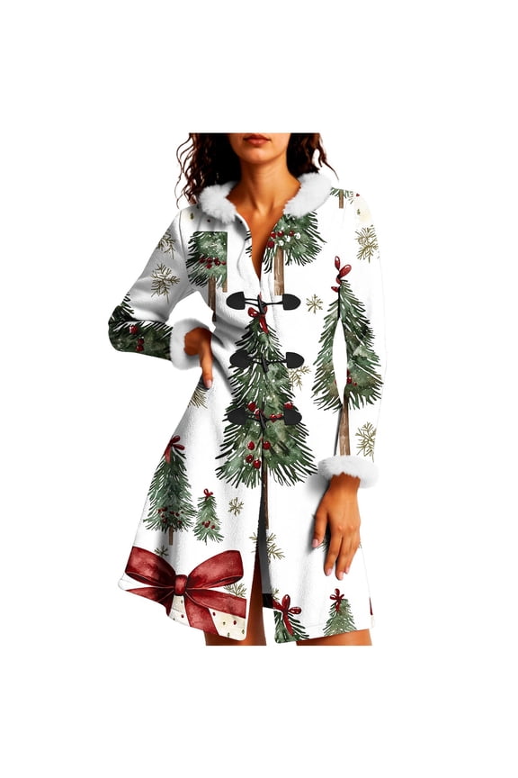 Women's Christmas Flannel Jacket - Furry Trim Hooded Toggle Button Holiday Cloak, Retro Festive Xmas Dress Coat