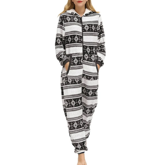 Women's Christmas Flannel Onesie Pajamas Sleepwear Fleece Hooded Adult Holiday Jumpsuit Romper Nightwear