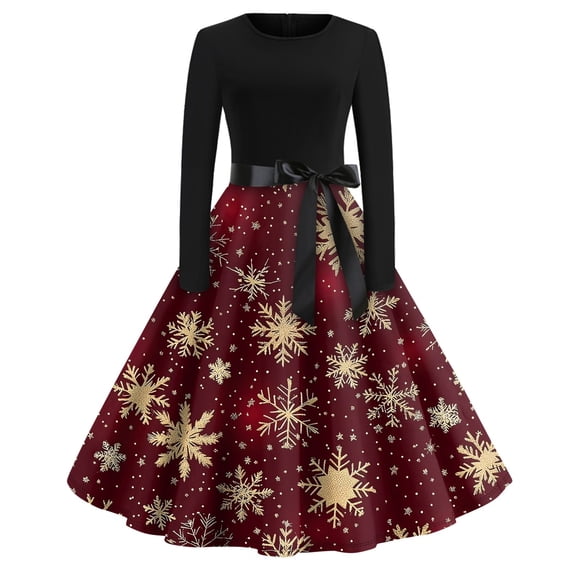 Women's Christmas Flare Dress Long Sleeve Round Neck Retro Party Casual Dress with Snowflake, Christmas Tree, Snowman Print, Hollow Out Design for Holiday, Merry Christmas,Vermilion,2XL