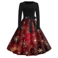 thumbnail image 1 of Women's Christmas Flare Dress Long Sleeve Round Neck Retro Party Casual Dress with Snowflake, Christmas Tree, Snowman Print, Hollow Out Design for Holiday, Merry Christmas,Wine,XL, 1 of 3