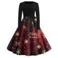 thumbnail image 1 of Women's Christmas Flare Dress Long Sleeve Round Neck Retro Party Casual Dress with Snowflake, Christmas Tree, Snowman Print, Hollow Out Design for Holiday, Merry Christmas,Deep Red,S, 1 of 3