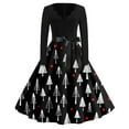 thumbnail image 1 of Women's Christmas Flare Dress Long Sleeve V-Neck Retro Party Casual Dress with Snowflake, Christmas Tree, Snowman Print, Hollow Out Design for Holiday, Merry Christmas,Black,S, 1 of 3