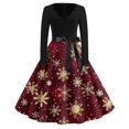 thumbnail image 1 of Women's Christmas Flare Dress Long Sleeve V-Neck Retro Party Casual Dress with Snowflake, Christmas Tree, Snowman Print, Hollow Out Design for Holiday, Merry Christmas,Vermilion,S, 1 of 3