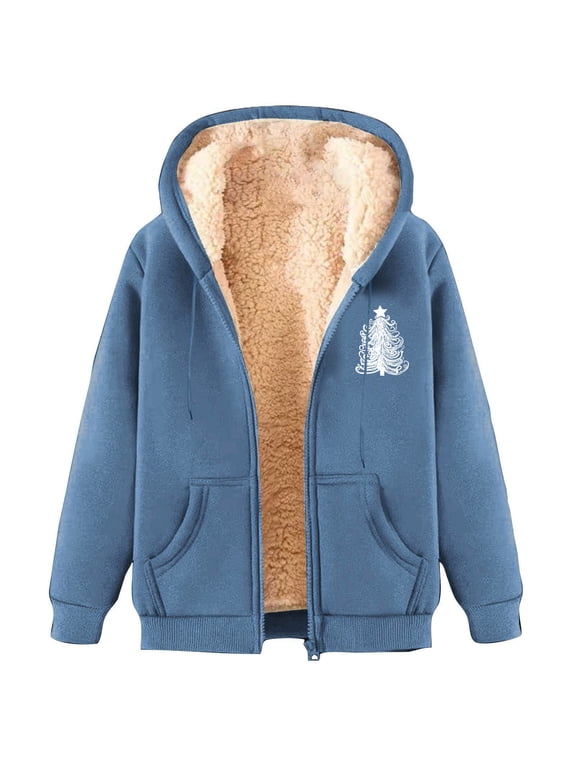Women's Christmas Fleece Jacket Full Zip Up Winter Warm Coat Hoodie Outerwear Zip Up Sweatshirt Fall Thermal Sweater