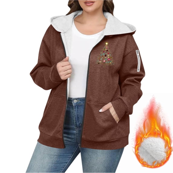 Women's Christmas Fleece Lined Hoodie Jacket Oversized Zip Up Winter Sweatshirt with Pockets Brown 3XL