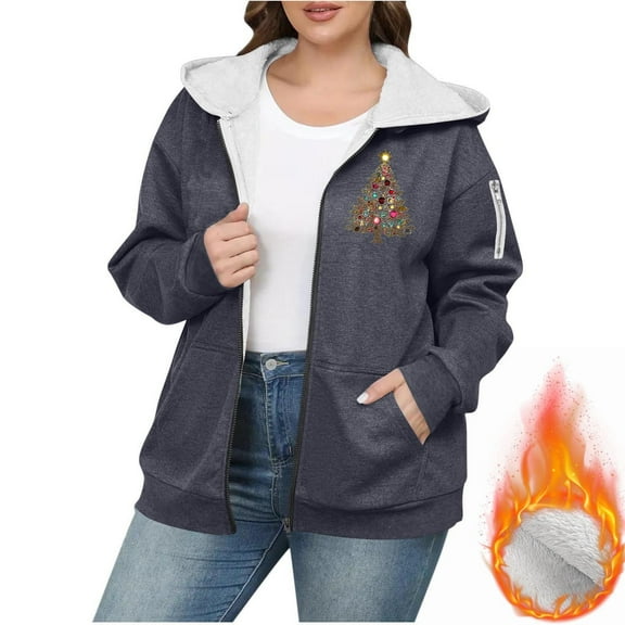 Women's Christmas Fleece Lined Hoodie Jacket Oversized Zip Up Winter Sweatshirt with Pockets Gray 2XL