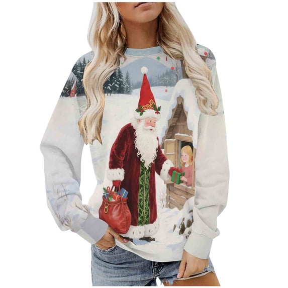 Women's Christmas Fleece Sweatshirt Long Sleeve Crew Neck Santa Claus Christmas Tree Graphic Print Casual Loose Hoodies for Holiday Party Multicolor-3 M