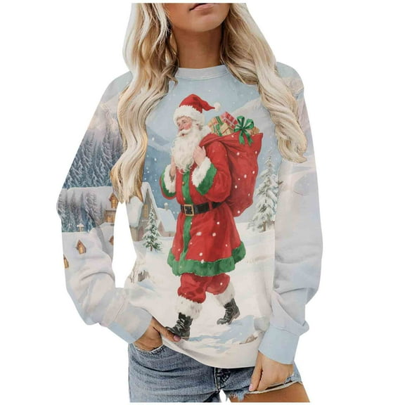 Women's Christmas Fleece Sweatshirt Long Sleeve Crew Neck Santa Claus Christmas Tree Graphic Print Casual Loose Hoodies for Holiday Party Multicolor-4 S