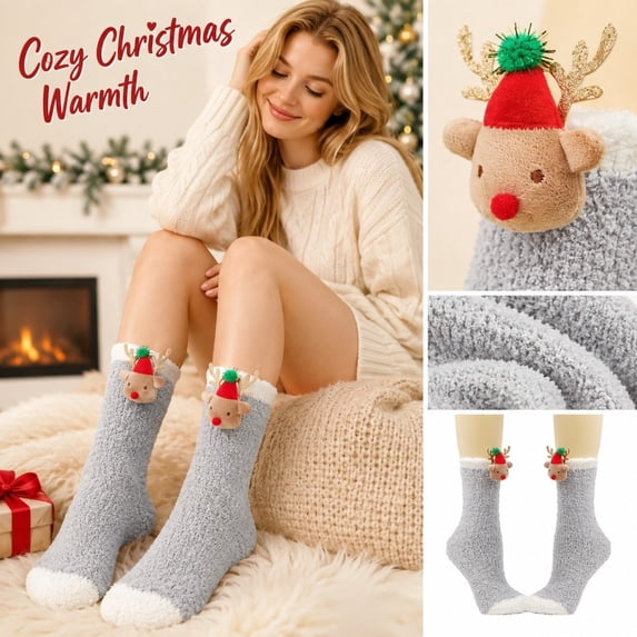 Women's Christmas Fuzzy Socks with 3D Santa Hat Reindeer, Cozy Coral Fleece Crew Socks, Gray Holiday Sleep Socks for Christmas Stocking Stuffers, Gag Gifts and Fun Holiday Gifts