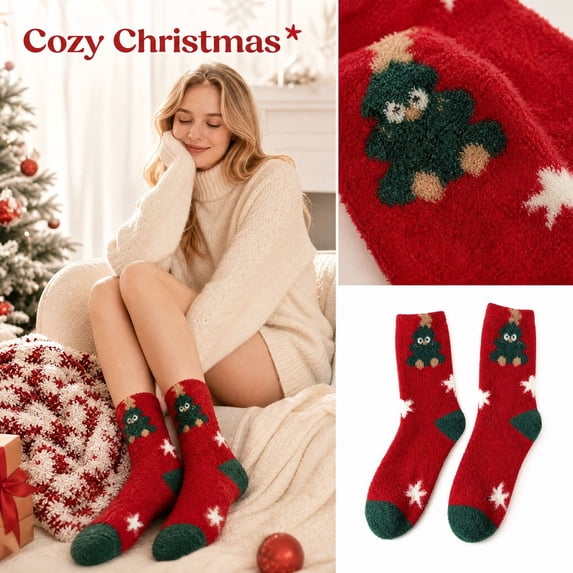 Women's Christmas Fuzzy Socks with Christmas Tree Character, Cozy Feather Yarn Crew Socks, Red Green Holiday Socks for Christmas Stocking Stuffers, Gag Gifts and Fun Holiday Gifts