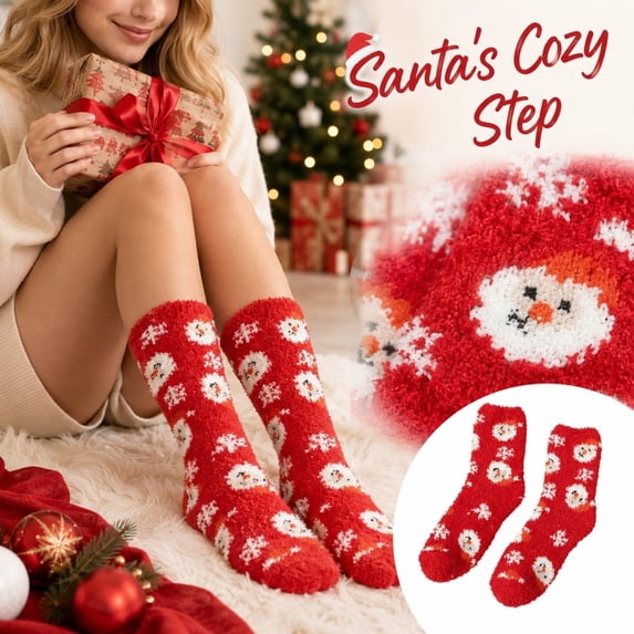 Women's Christmas Fuzzy Socks with Snowman and Snowflake Pattern, Cozy Feather Yarn Crew Socks, Red Holiday Sleep Socks for Christmas Stocking Stuffers, Gag Gifts and Fun Holiday Gifts