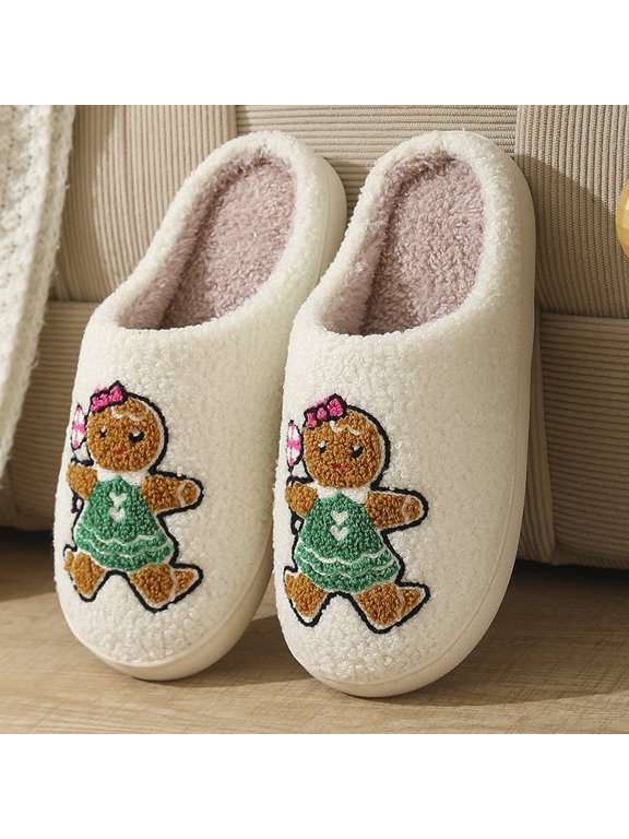 Women's Christmas Gingerbread Man Fuzzy House Slippers, Soft Slip-on Indoor Shoes with Non-Slip Rubber Sole