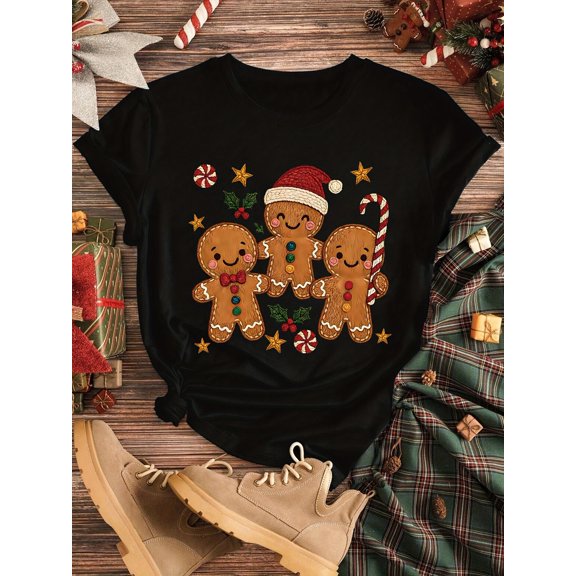 Women's Christmas Gingerbread Man Graphic T-Shirt Cute Candy Cane Holly Star Holiday Casual Winter Tee