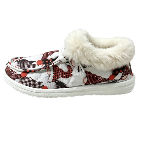 Women’s Christmas Gnome Print Fleece Lined Winter Casual Shoes Lace Up Warm Lightweight Non Slip Loafer Sneakers for Holiday Daily Wear