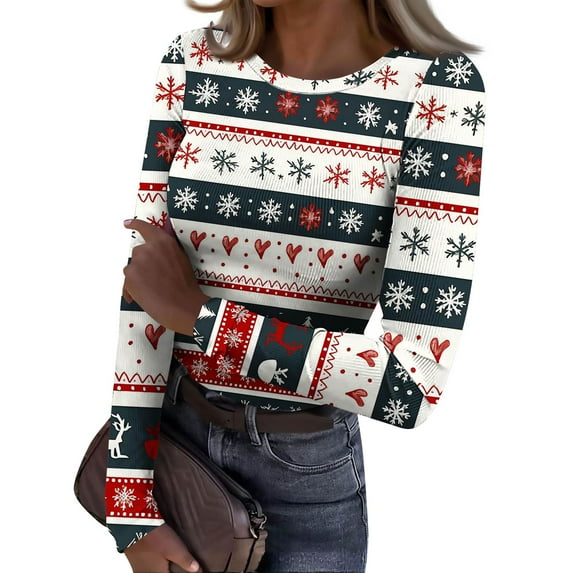 Women's Christmas Going Out Tops Xmas Printed Round Neck Ribbed Knit Slim Fit Christmas Tee Shirts Fall Winter Trendy Outfits