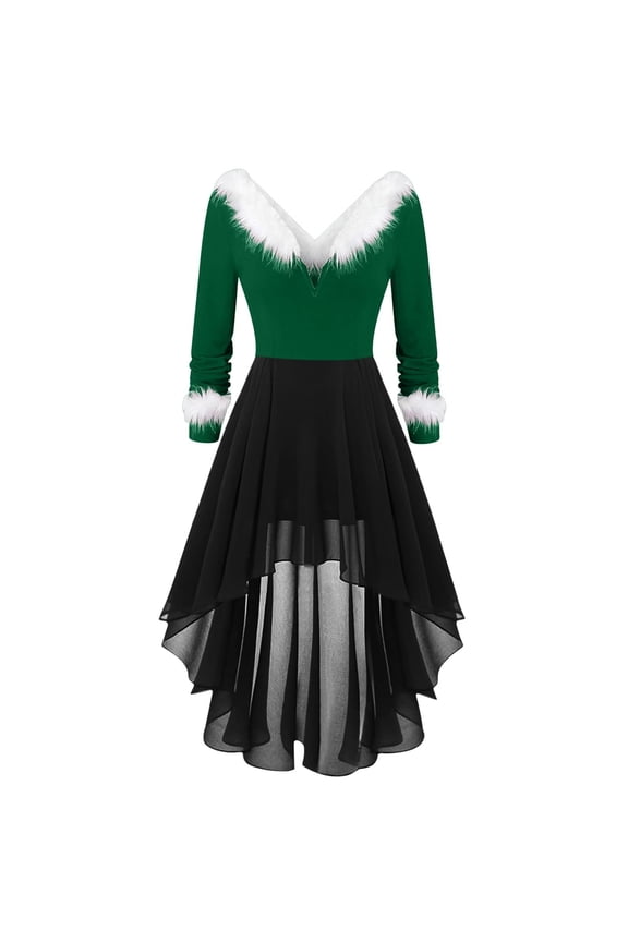 Women's Christmas Gothic Dress Faux Fur Trim Long Sleeve High Low Chiffon Skirt Green M