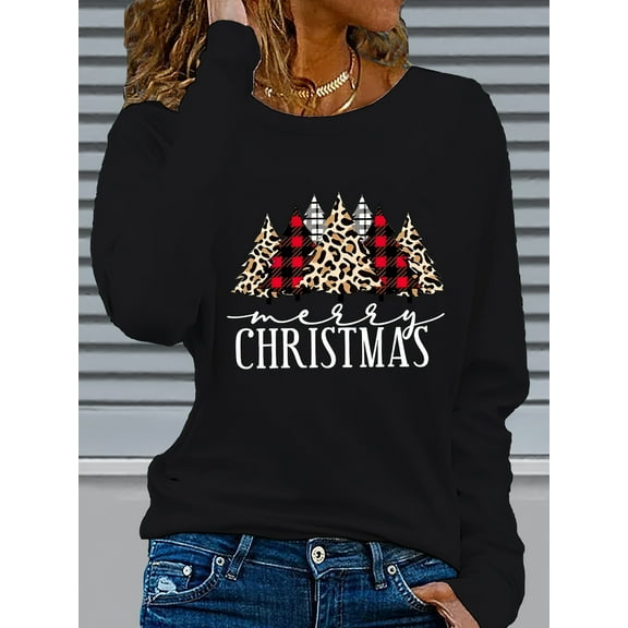 Women's Christmas Graphic Print Long Sleeve Crew Neck T-Shirt - Leopard & Plaid Holiday Design with Merry Christmas Text, Cozy Casual Winter Top for Autumn & Winte