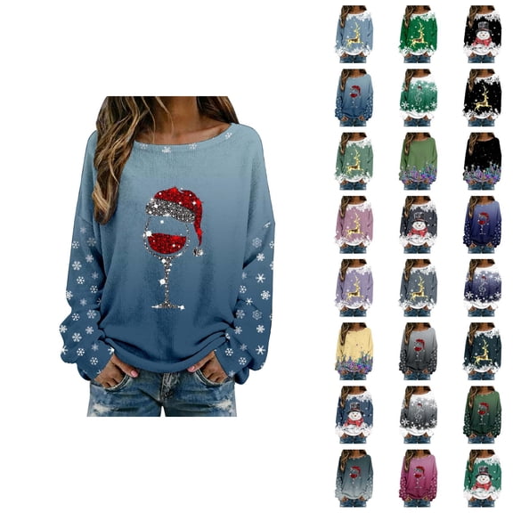 Women's Christmas Graphic Shirts 2025 Long Sleeve Crewneck Ribbed Knit Holiday Casual Tshirt Shirt