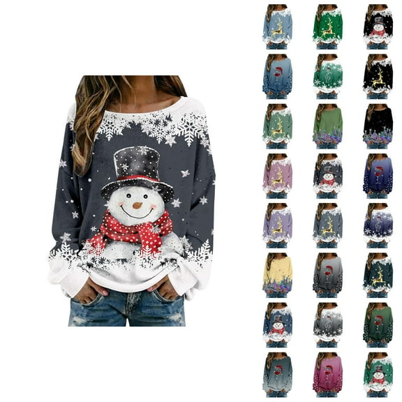 Women's Christmas Graphic Shirts 2025 Long Sleeve Crewneck Ribbed Knit Holiday Casual Tshirt Shirt