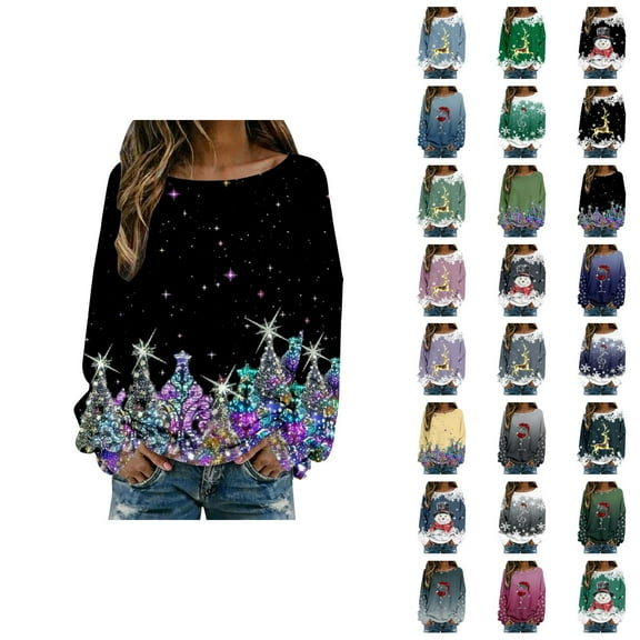 Women's Christmas Graphic Shirts 2025 Long Sleeve Crewneck Ribbed Knit Holiday Casual Tshirt Shirt