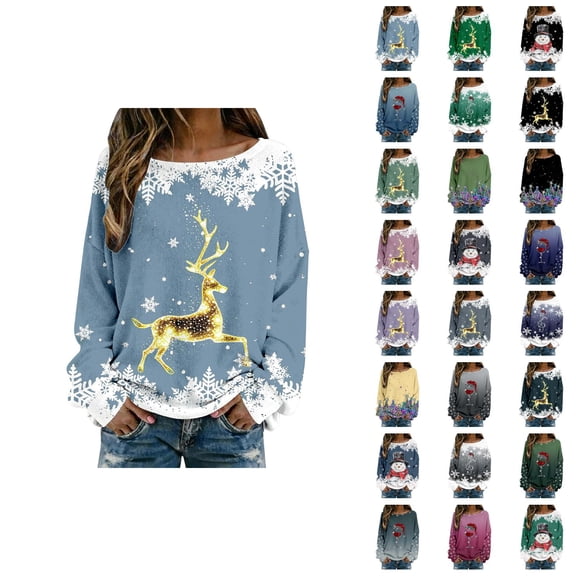 Women's Christmas Graphic Shirts 2025 Long Sleeve Crewneck Ribbed Knit Holiday Casual Tshirt Shirt