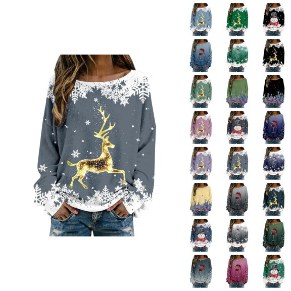 Women's Christmas Graphic Shirts 2025 Long Sleeve Crewneck Ribbed Knit Holiday Casual Tshirt Shirt
