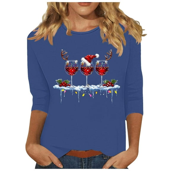 Women's Christmas Graphic Shirts Crewneck 3/4 Length Sleeve Casual Pullover Tee Tops Loose Soft Fit T Shirt