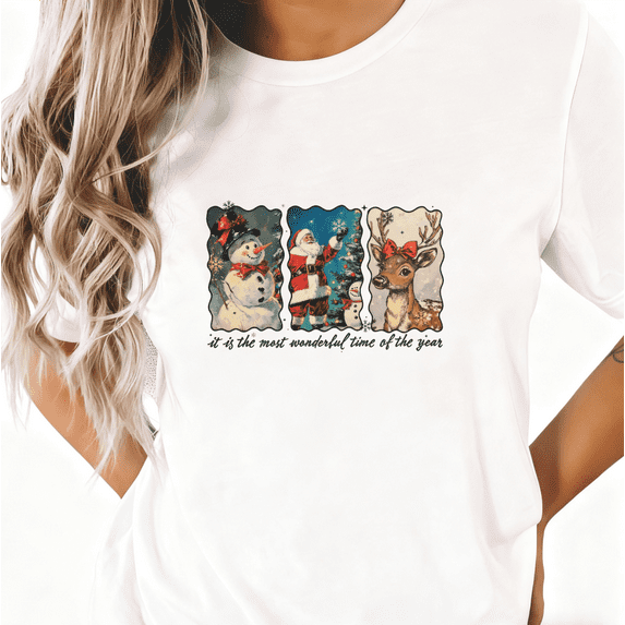 Women’s Christmas Graphic T Shirt Vintage Santa and Reindeer Holiday Top S-5XL