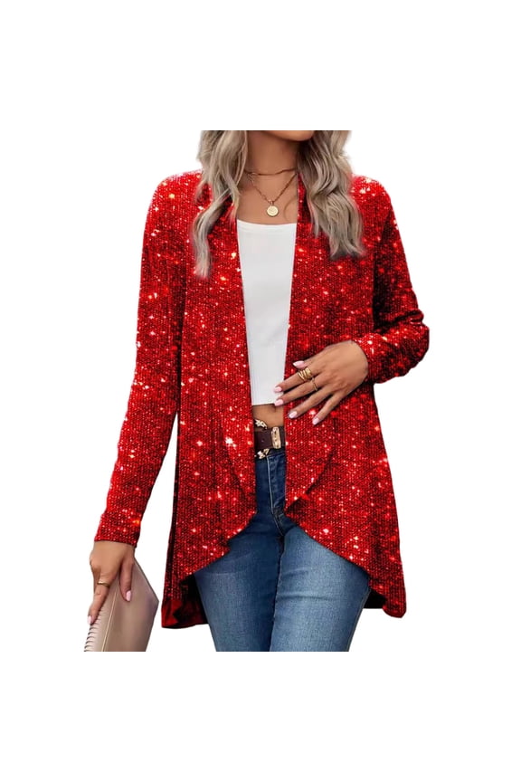 Women's Christmas Heavy Sequin Coat - Solid Color Irregular Casual Fashion Outerwear, Sparkly Holiday Jacket, Red Size M