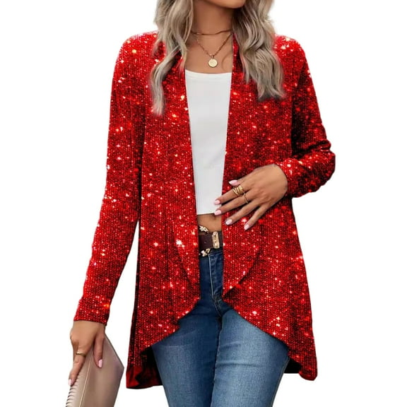 Women's Christmas Heavy Sequin Coat - Solid Color Irregular Casual Fashion Outerwear, Sparkly Holiday Jacket, Red Size S