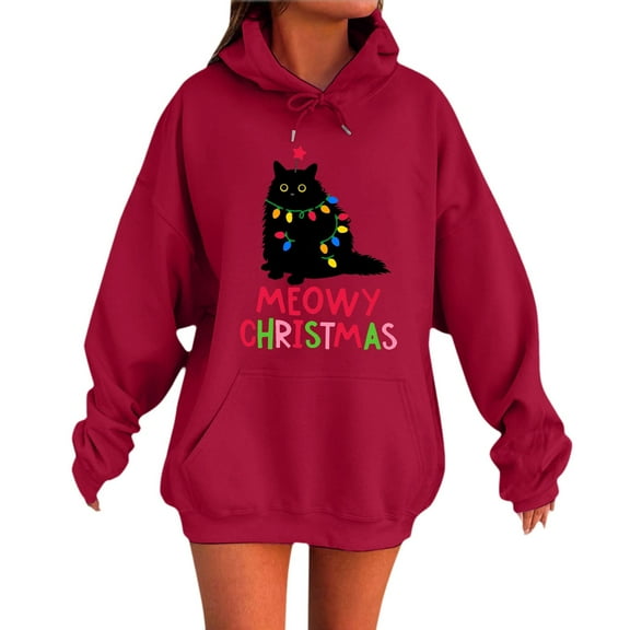 Women's Christmas Hooded Sweatshirt Cat Print Long Sleeve Hoodies Xmas Holiday Fall Fashion Pullover Tops Trendy Winter Outfits