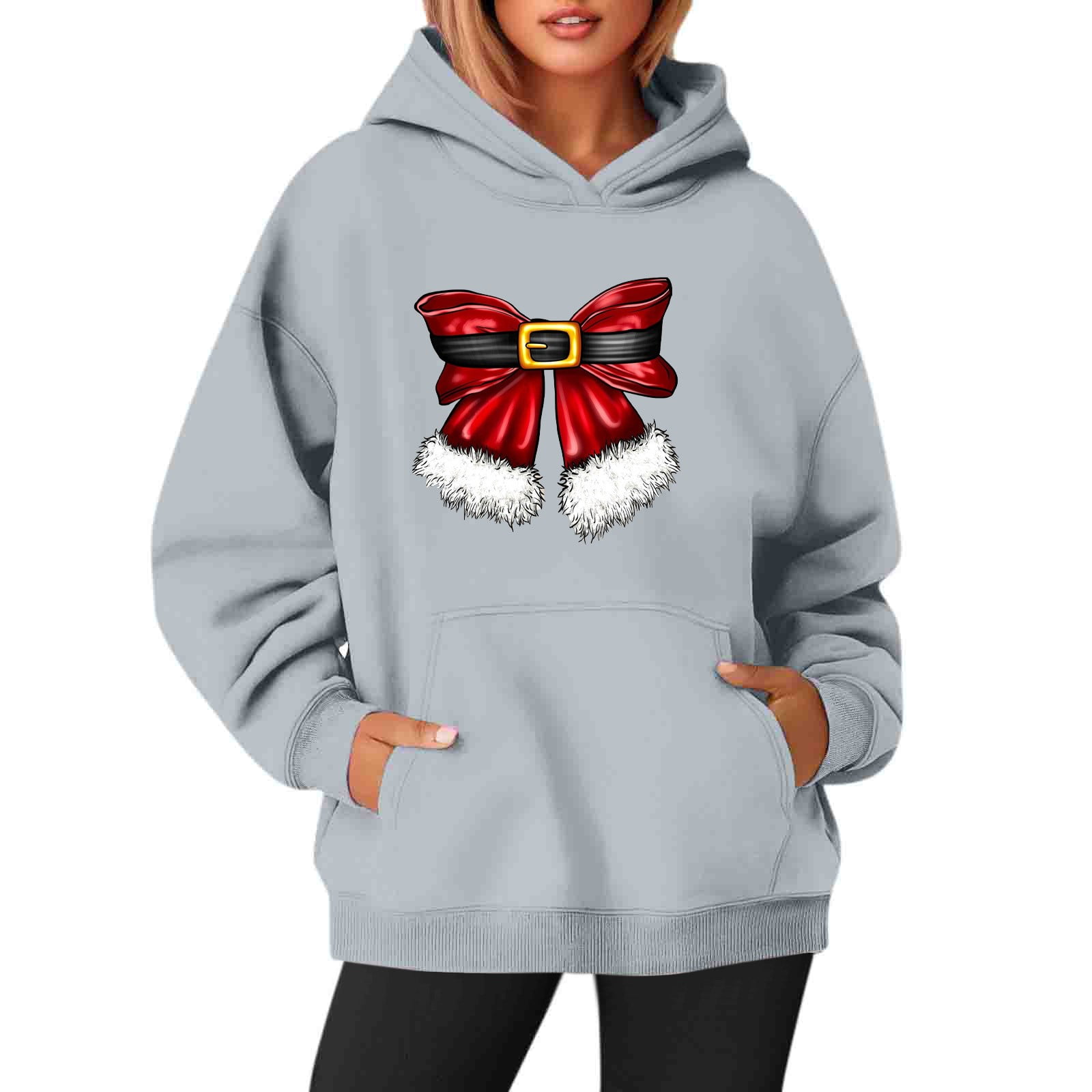 Women's Christmas Hoodie Light Bow Graphic Pullover Tops Long Sleeve