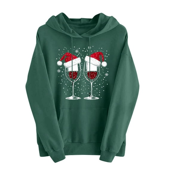 Women's Christmas Hoodies Drawstring Long Sleeve Chritmas Graphic Print Pullover Casual Funny Sweatshirts With Pocket (L, Green-A)