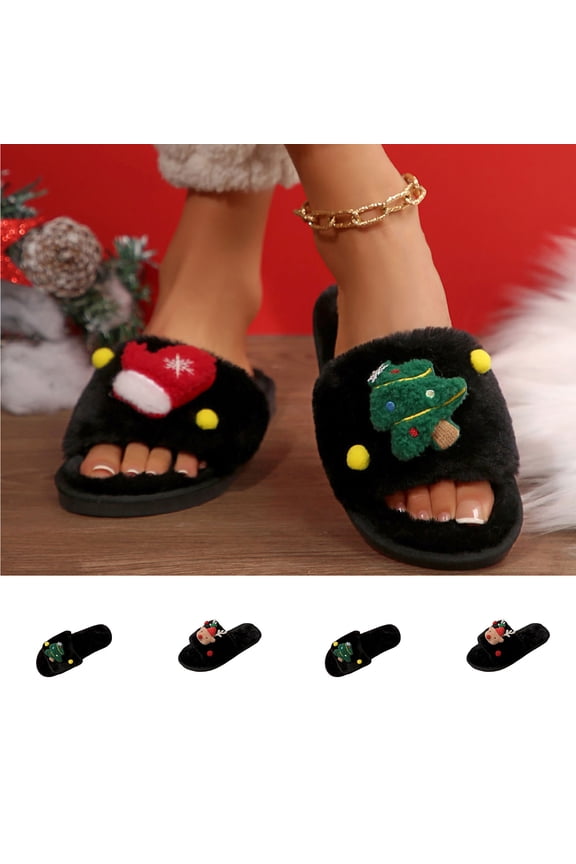 Women's Christmas House Slipper Casual Versatile Indoor Home Flats Slip-on Slides Xmas Tree Decoration Open Toe Fall Winter Trend Soft Sandals Winter Shoe for Women Black 9