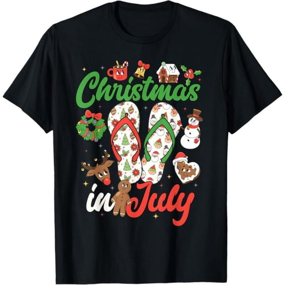 Women's Christmas In July Graphic Breathable T Shirt Casual Cotton Short Sleeve Round Neck Top Black S-5XL