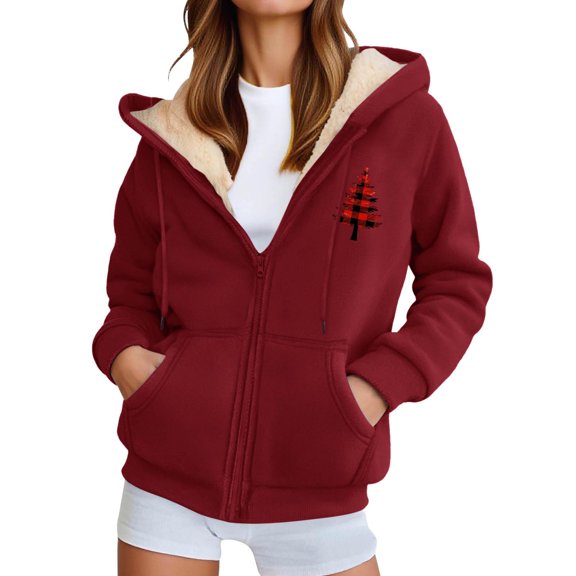 Women's Christmas Jacket Casual Trendy Clothing Lined Hoodies Zip up Drawstring Hoodies Fall Winter Coat with Pockets