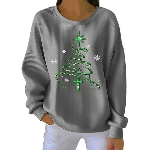 Women's Christmas Jesus Tree Graphic Print Sweatshirts Casual Long Sleeve Crew Neck Holiday Ribbing Pullover Tops Trendy Drop Shoulder Loose Fit Cozy Hoodless Sweatshirt Grey XXXXL
