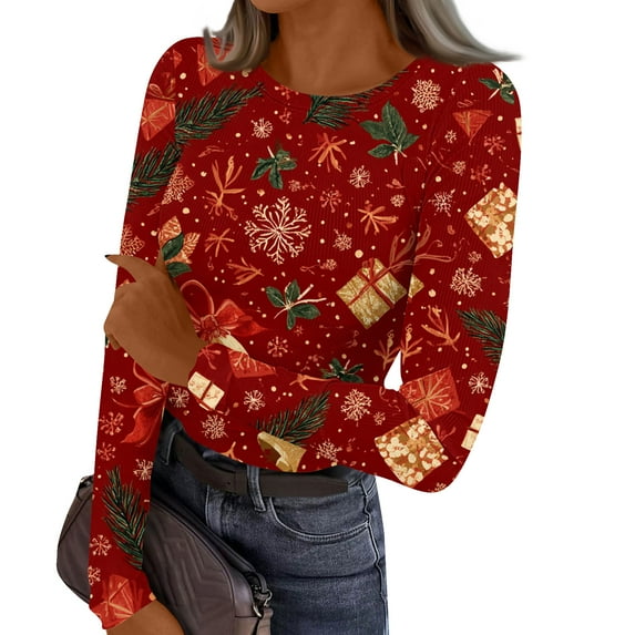 Women's Christmas Knitted Tops Long Sleeve Shirts Graphic Christmas Ribbed Knit Shirt Casual Slim Fit Holiday Tees