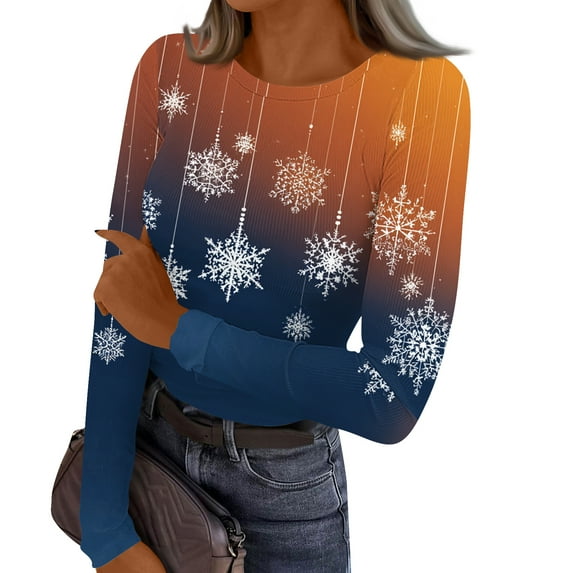 Women's Christmas Knitted Tops Long Sleeve Shirts Graphic Christmas Ribbed Knit Shirt Casual Slim Fit Holiday Tees
