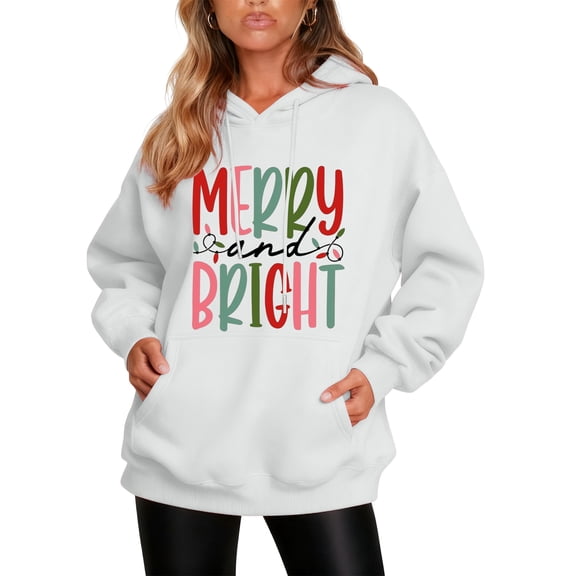 Women's Christmas Letter Hooded Sweatshirt, Merry and Bright Design, Comfortable Long Sleeve Pullover for Women, Festive Holiday Wear,White,S