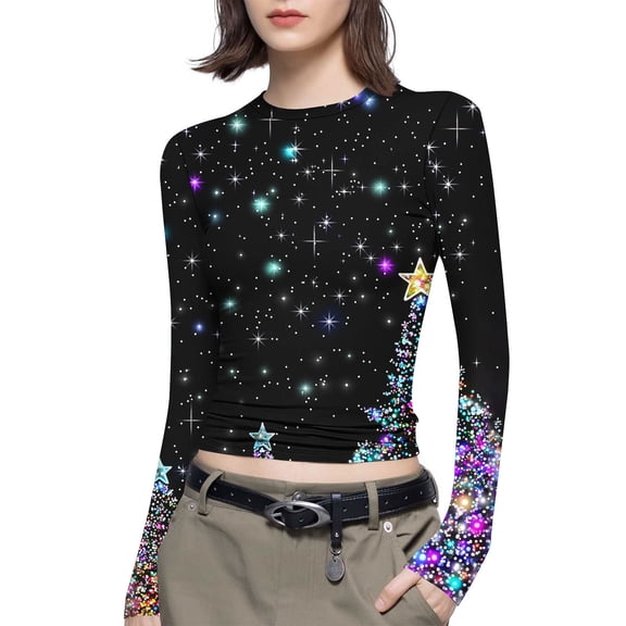 Women’s Christmas Long Sleeve Crop Top Slim Fitted Y2K Star Graphic Print Tee Vintage Aesthetic Harajuku Streetwear Going Out Basic Top for Fall and Holiday Season