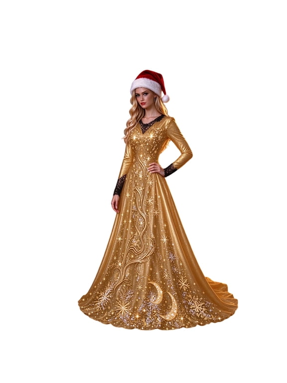 Women's Christmas Long Sleeve Maxi Dress with Festive Celestial Star Moon and Snowflake Print for Holiday Party Evening Outfit