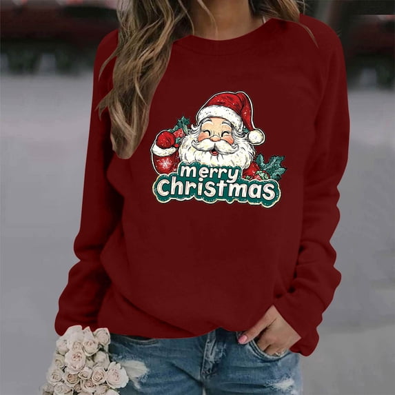 Women's Christmas Long Sleeve Sweatshirts Featuring Festive Patterns Round Neck and Loose Fit
