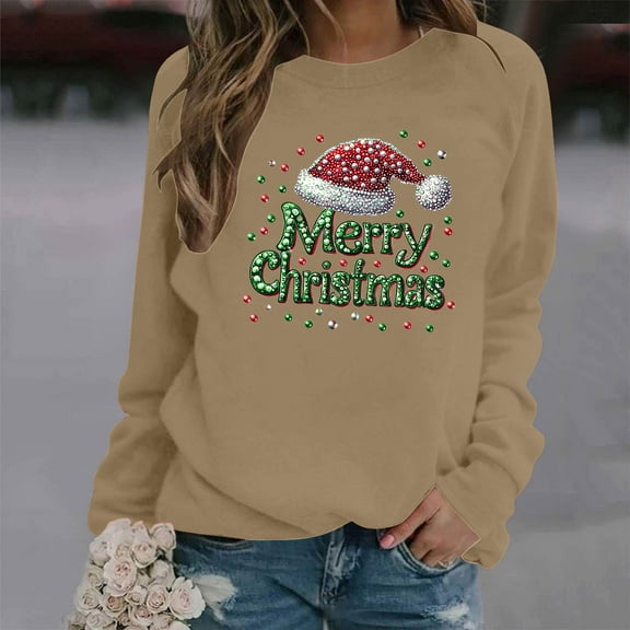 Women's Christmas Long Sleeve Sweatshirts Featuring Festive Patterns Round Neck and Loose Fit