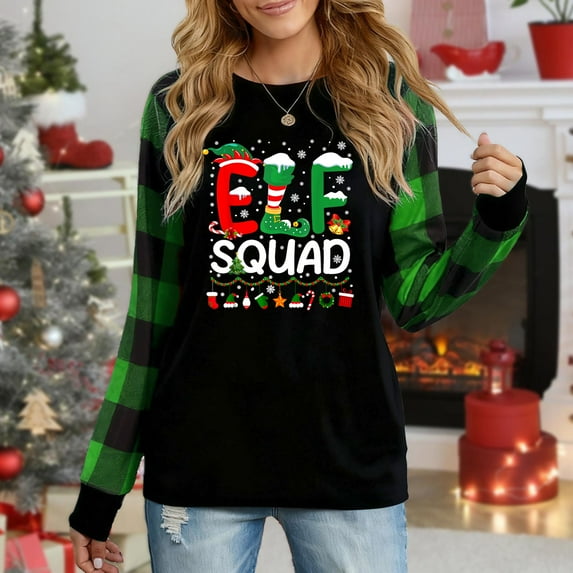 Women's Christmas Long Sleeve Top, Plaid Sleeve "Elf Squad" Festive Graphic Sweatshirt